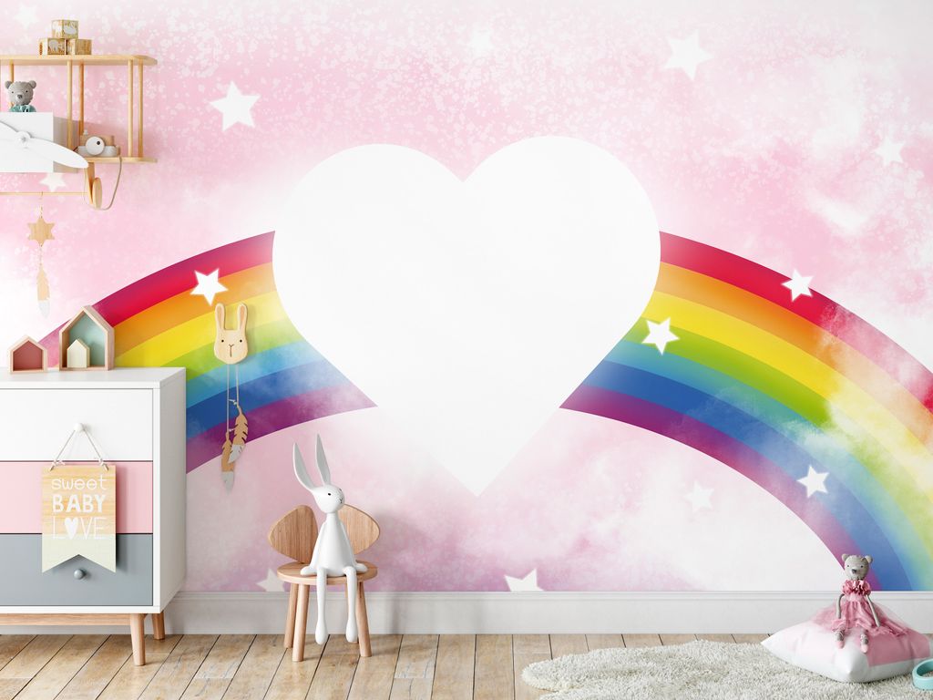 Vlies Fototapete für Kinder 400x280 cm Tapeten Wandtapete XXL Regenbogen Herz Love Sterne bunt wie gemalt e-A-10058-a-a