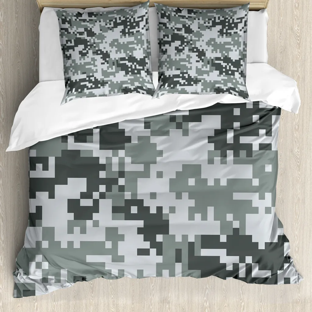 ABAKUHAUS Copripiumino Camo, effetto pixel grigio digitale, antiacaro, adatto a chi soffre di allergie, con federe, 155 cm x 220 cm - 80 x 80 cm, grigio chiaro grigio grigio
