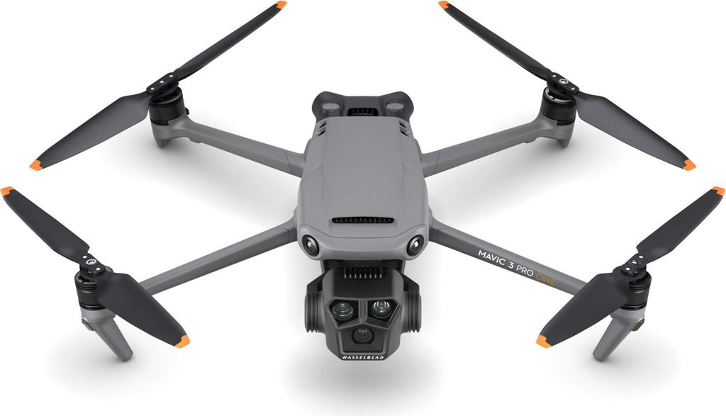 A gray DJI Mavic 3 Pro drone is shown from a front-facing, slightly elevated angle against a white background.