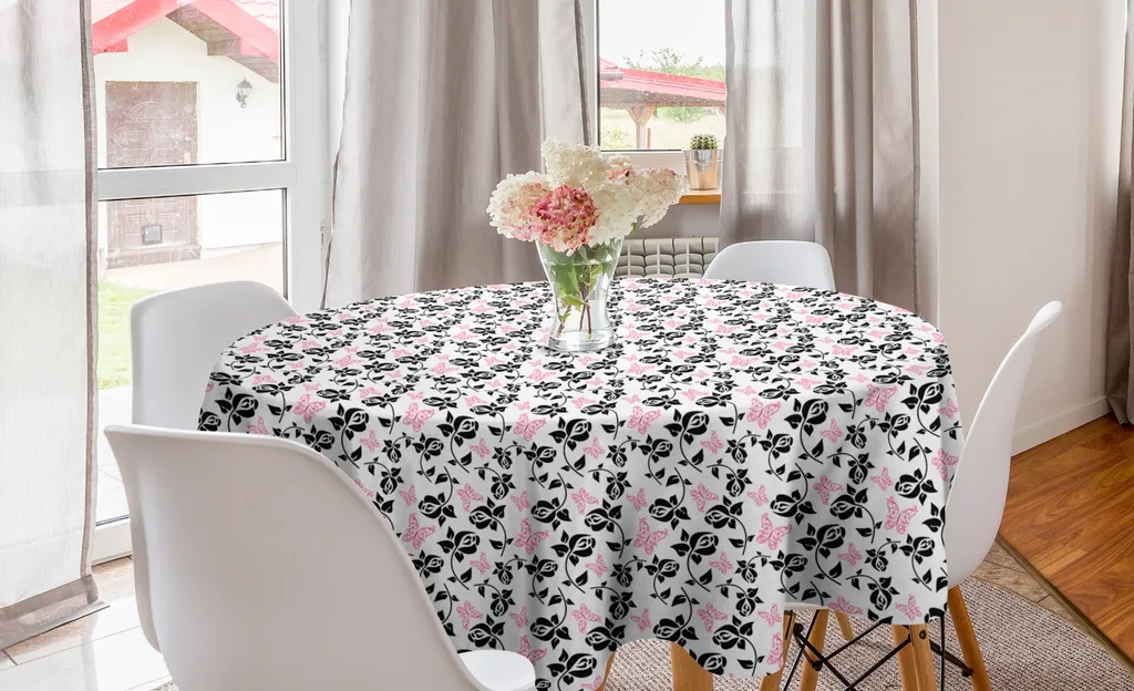 Tovaglia Rotonda 150 cm ABAKUHAUS Motivi Floreali Farfalle Grigio Rosa