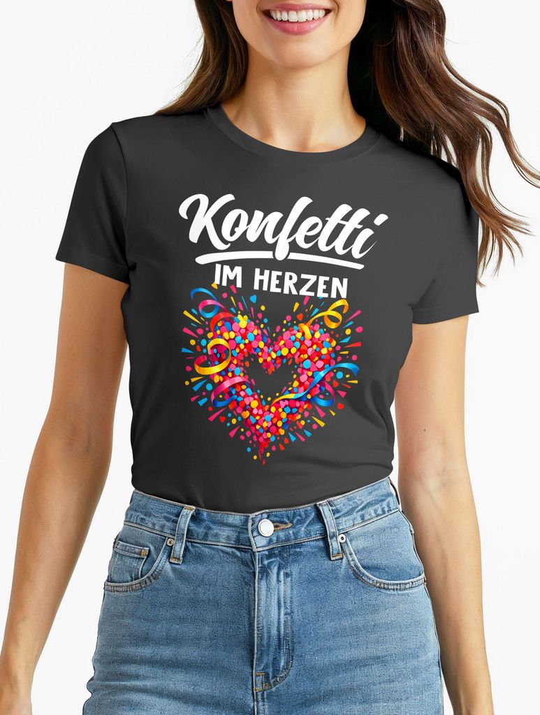 Damen T-Shirt - Spruch Konfetti im Herzen - Fasching Karneval Ersatz Verkleidung Last Minute Kostüm Funshirt Moonworks