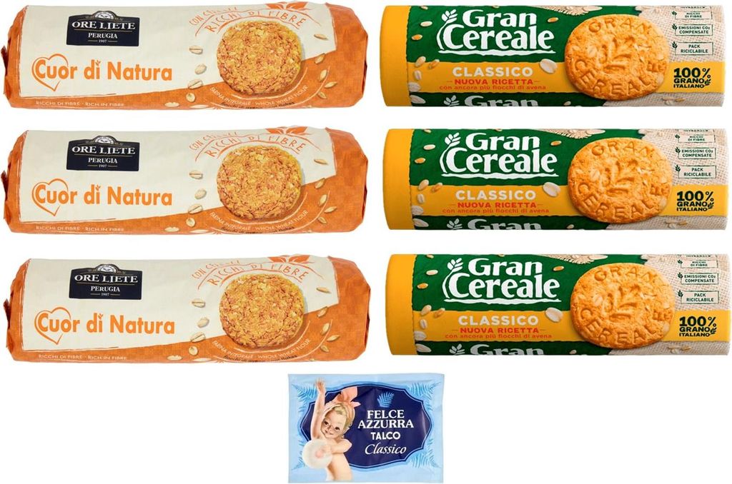 6er-Pack Testpaket Biscotti Cereali Ore Liete Gran Cereale,Kekse mit Müsli,Verpackt in Tube 250g + 1er-Pack Felce Azzurra Talkumpuder, 100g-Beutel