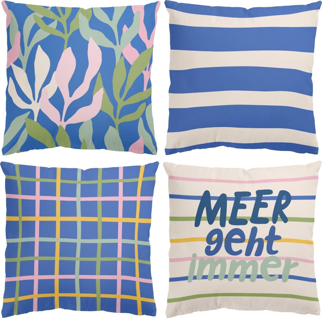 Dekokissen 4-teilig Sprüche draußen / Outdoor Zierkissen waschbar Streifen blau Pop Art Sofakissen ohne Füllung