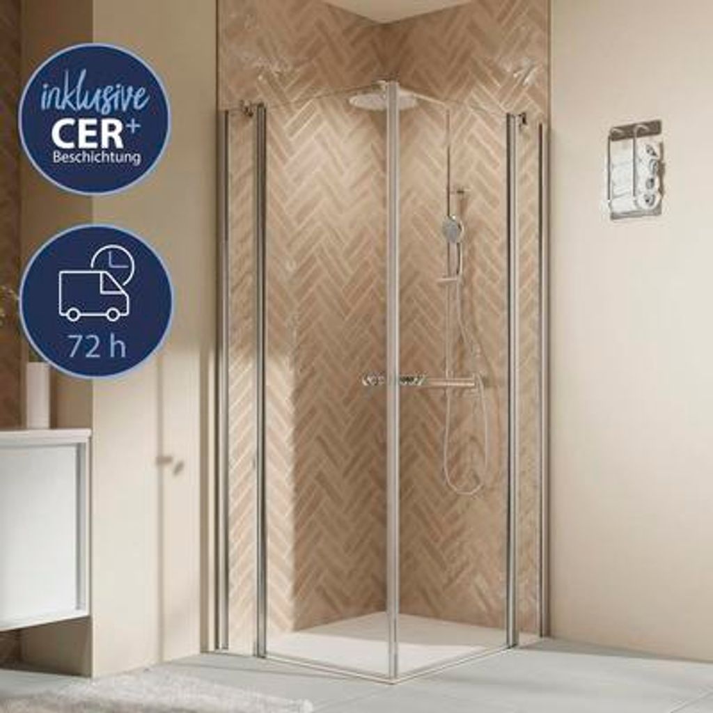 Eckeinstieg mit Drehtür BREUER Elana 2.0 Express Q72 80 x 80 x 200 cm Profil chrom Klarglas schmutzabweisende Glasbeschi