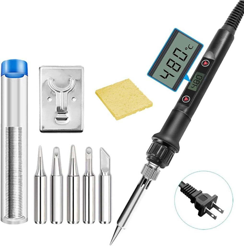 Lötkolben, 90 W Lötkolben-Set mit einstellbarer Temperatur und 5 Lötspitzen, Ständer, Lötdraht, Schwamm für Metall, Schmuck, elektrische Repa...