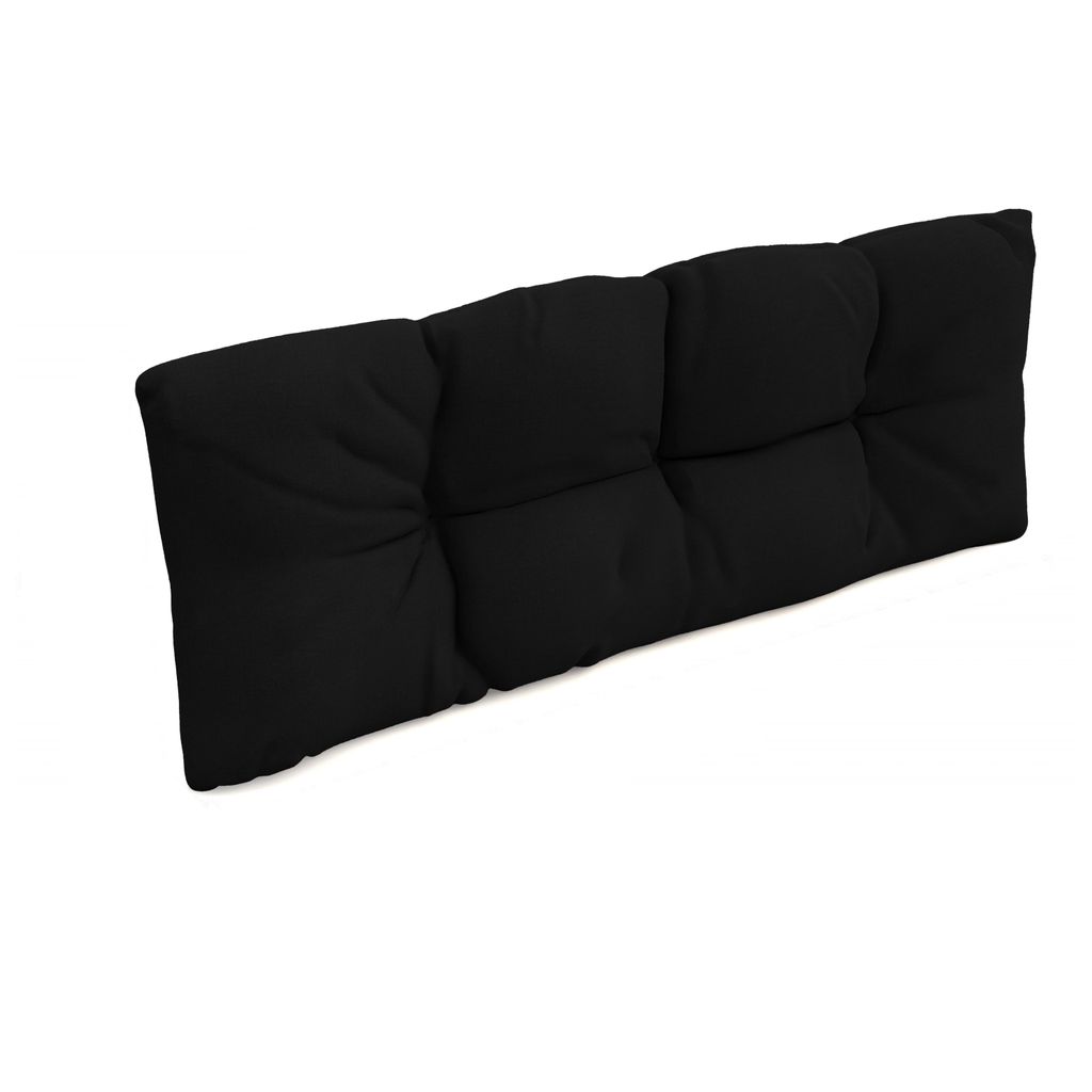 A black cushion for a sofa or bench, shown at an angle against a white background.