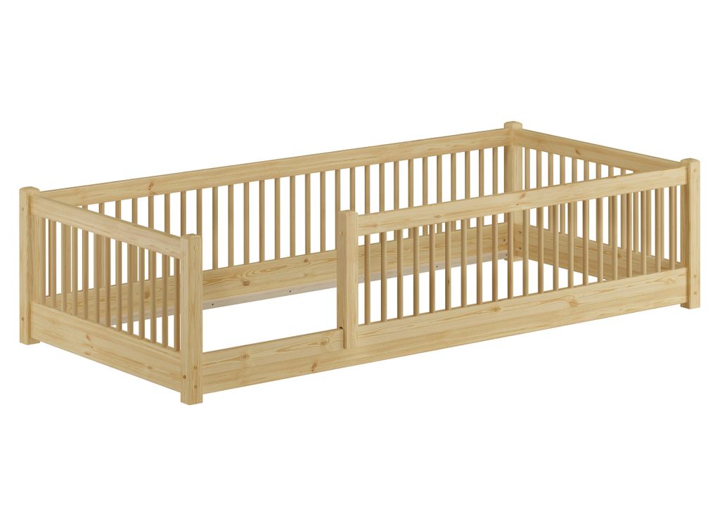 Kinderbett niedriges Bodenbett Kiefer natur 90x200 Kleinkinder Laufstall ähnlich V-60.65-09Rollrost und Matratze inkl.