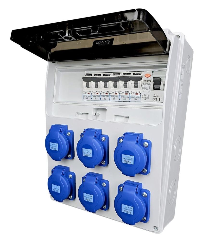 Stromverteiler 230V IP44 mit FI und 6x Schuko 16A Produktbild 