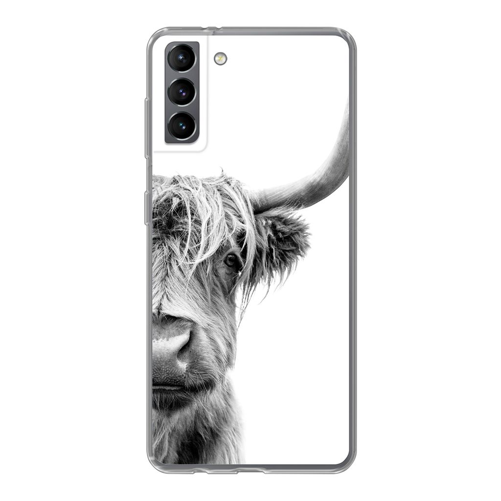 MuchoWow Handyhülle Schutzhülle Hülle für Samsung Galaxy S21 Plus Schottischer Highlander - Tiere - Schwarz - Weiß Silikon Softcase Handy H...