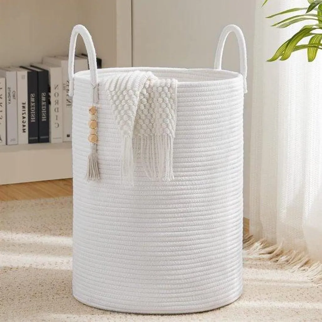 Panier en coton tressé blanc avec poignées - Rangement fait main robuste