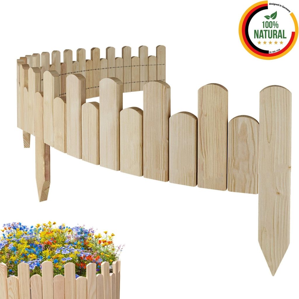 Floranica Rasenkante 200 x 15 cm Unbehandelt Flexible Beeteinfassung aus Holz als Rollborder Palisade Gartenzaun