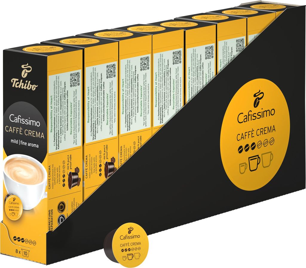 Tchibo Cafissimo Vorratsbox Caffè Crema mild Kaffeekapseln, 80 Stück – 8x 10 Kapseln (Kaffee, mild mit sanftem Aroma), nachhaltig & fair gehandelt