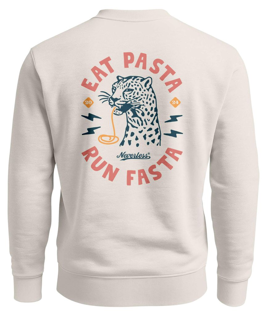 Sweatshirt Herren Pullover mit Backprint Eat Pasta Run Fasta Food Spaghetti Grafik Leopard Retro Streetwear Fashion Neverless