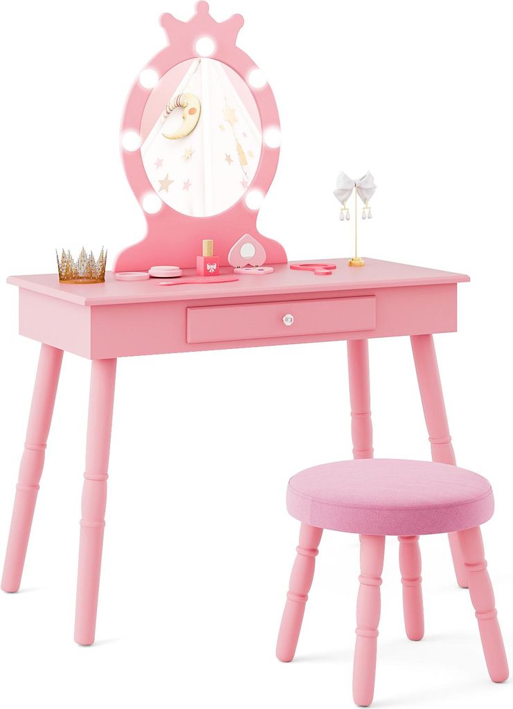 GOPLUS Schminktisch Kinder mit LED Spiegel, Frisiertisch mit Hocker im Prinzessinnen-Stil mit dimmbaren 3-farbigen LED-Leuchten und Schublade, Rosa