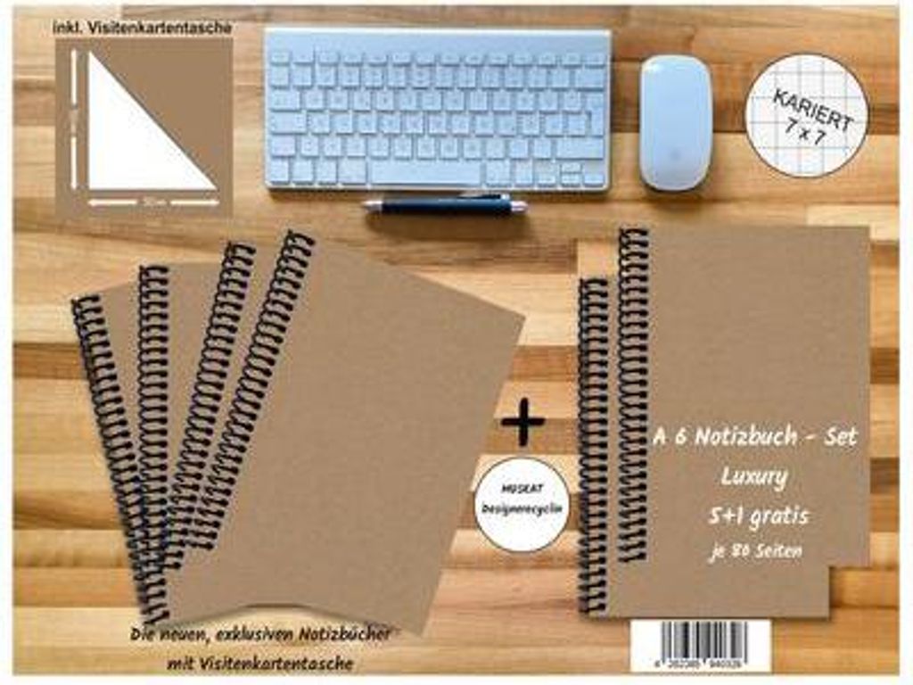A 6 Notizbuch - Set, 4+2 gratis, Luxury 80 Seiten MUSKAT Designerecycling, kariert 7x7mm