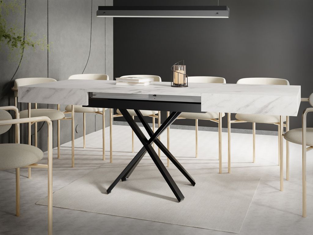 Couchtisch Höhenverstellbar und Ausziehbar Cavetta X in Marmoroptik Weiß - Wohnzimmertisch Esstisch Multifunktionstisch 120-200/80/27-76 cm - Mar...