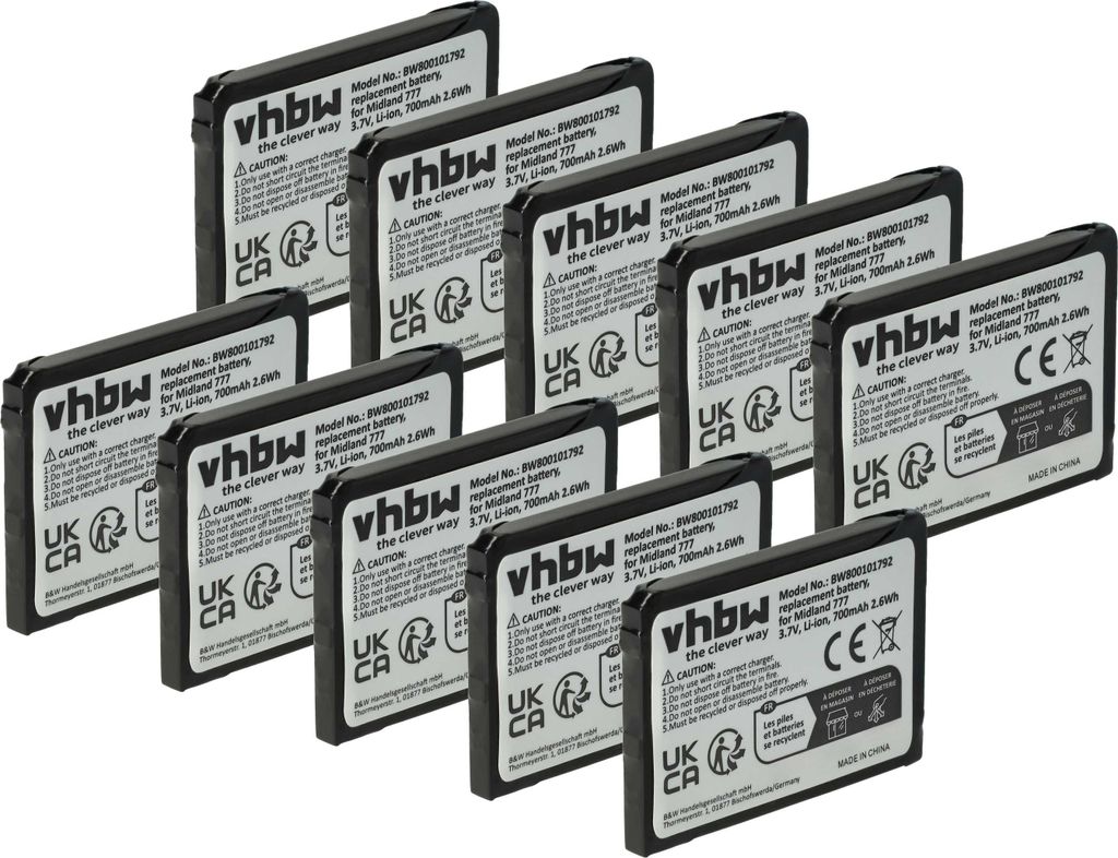 vhbw 10x Akku Ersatz für Alan FB-777 für Funkgerät, Walkie Talkie (700 mAh, 3,7 V, Li-Ion)