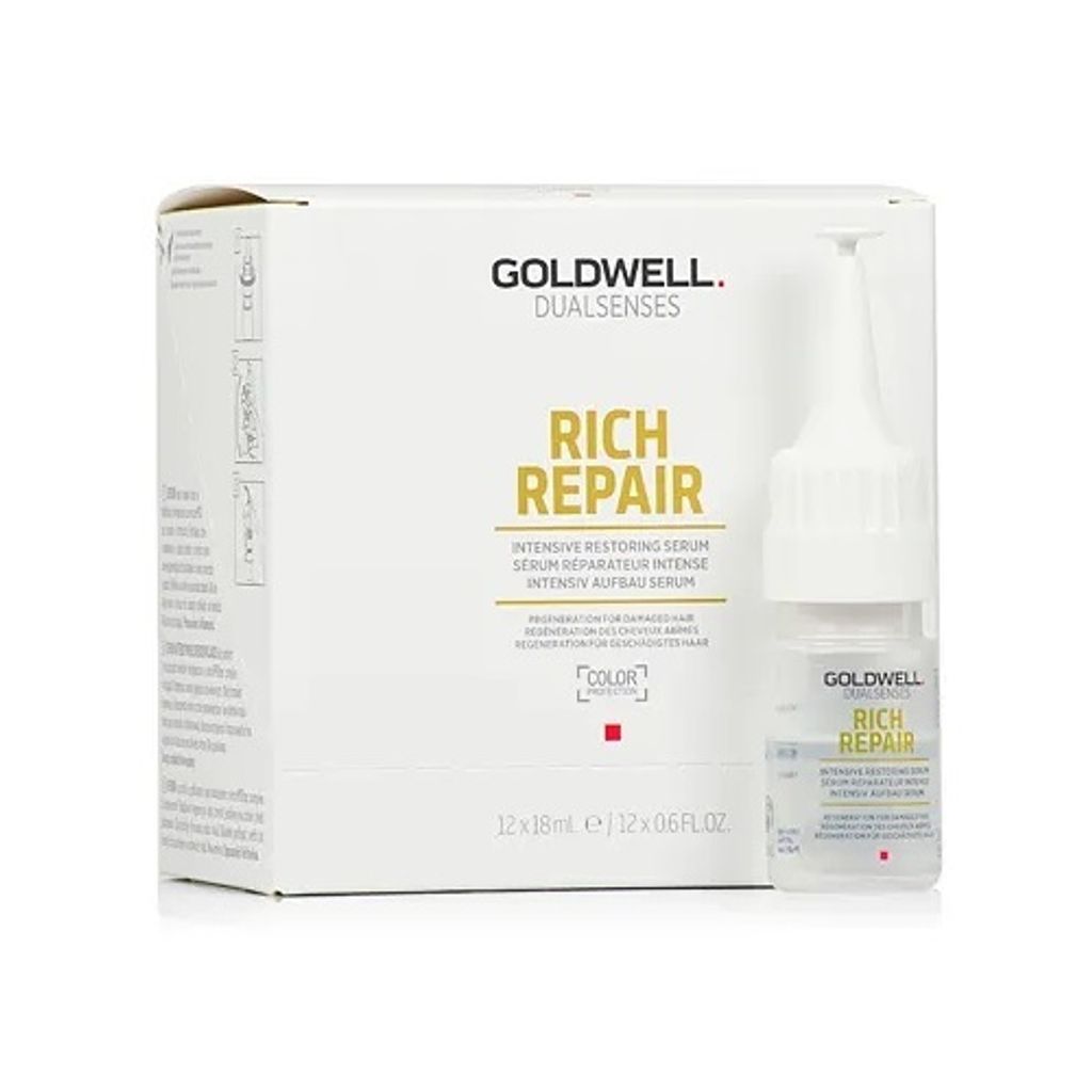 A product shot of a box of Goldwell Dualsenses Rich Repair I-Serum and one individual serum bottle.
