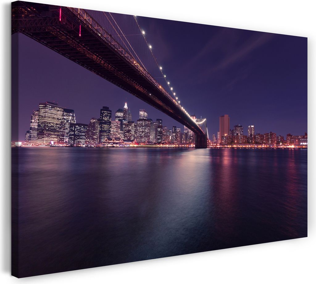 Leinwandbild (60x40cm): Panorama Skyline bei Nacht am Meer mit Brücke mit Lichtern, echter Holz-Keilrahmen inkl. Aufhänger, handgefertigt in Deut...