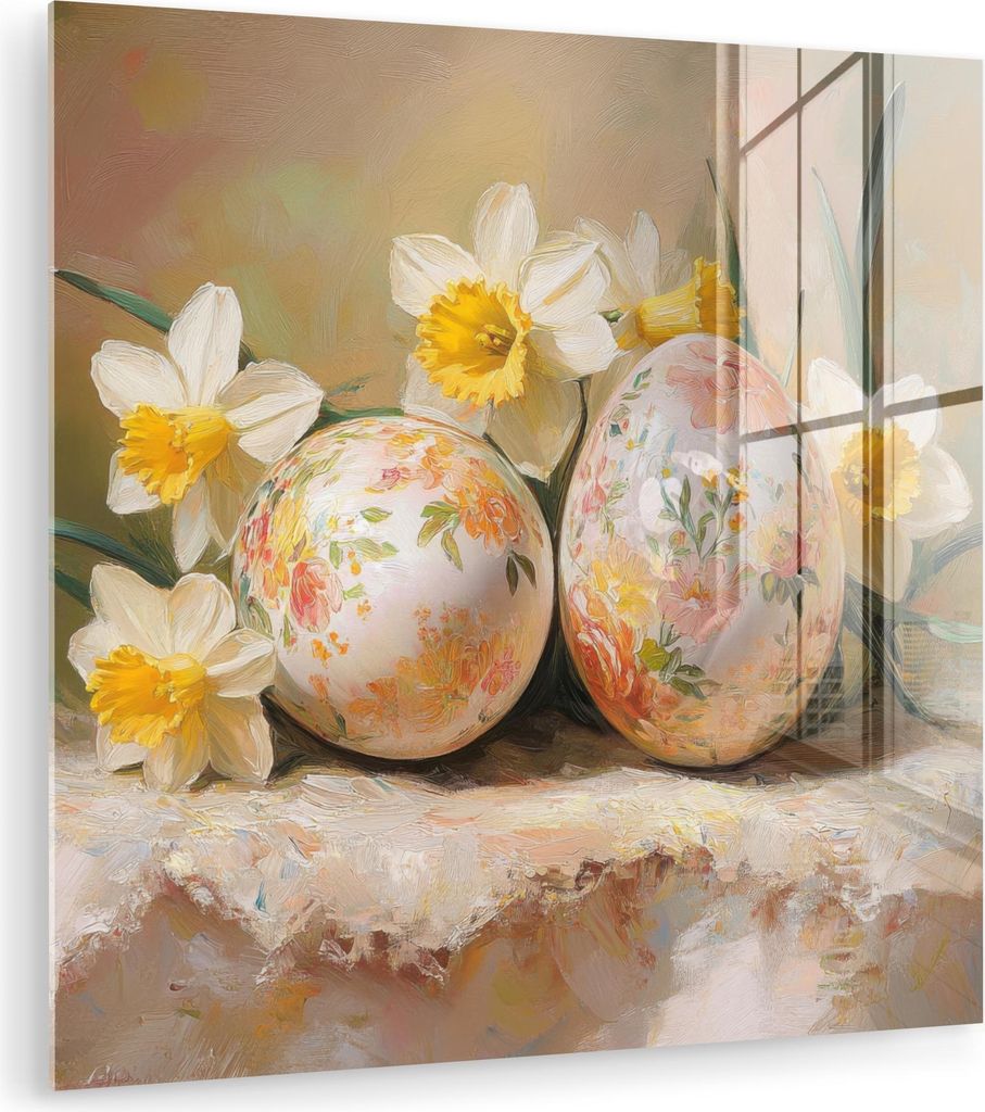 MuchoWow Glasbilder - Bilder auf Wandbild - Foto auf Glas Blumen - Eier - Bemalt 90x90 cm Wanddekoration aus Glas - Acrylglasbild - Acrylbilder - W...