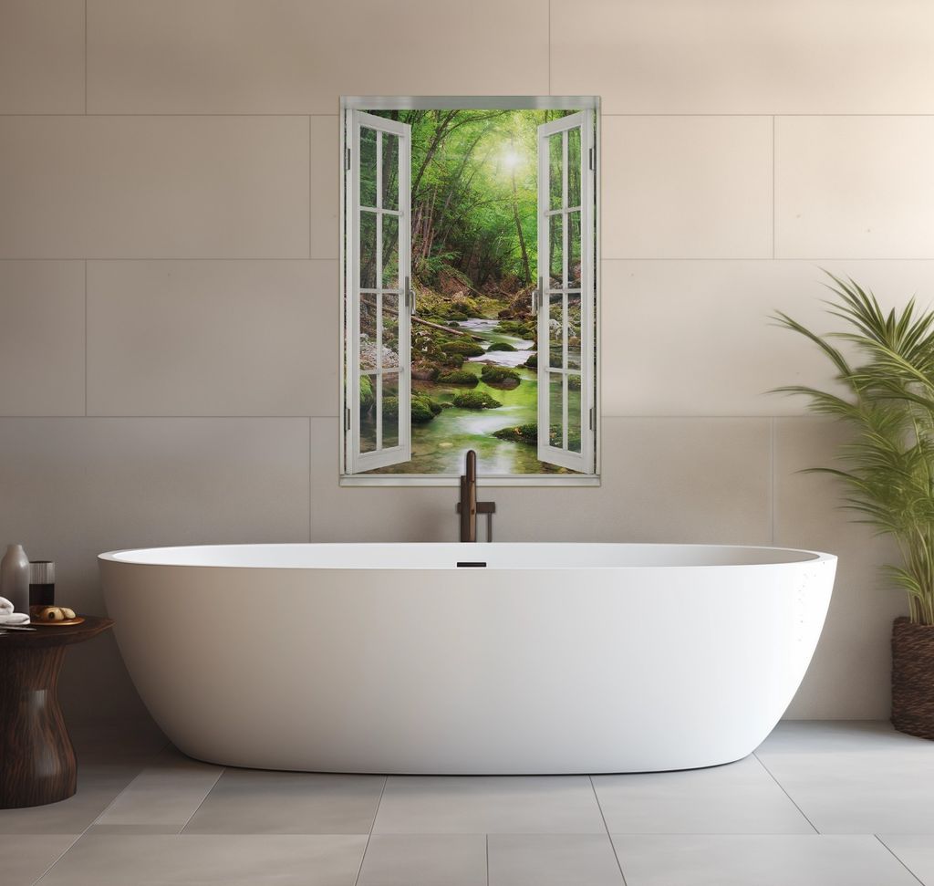 Wallario wasserfestes Poster selbstklebend 91,50 x 61 cm, Fluss im Wald, Badezimmerposter Spritzschutz mit Hochglanzoberfläche in Glasoptik