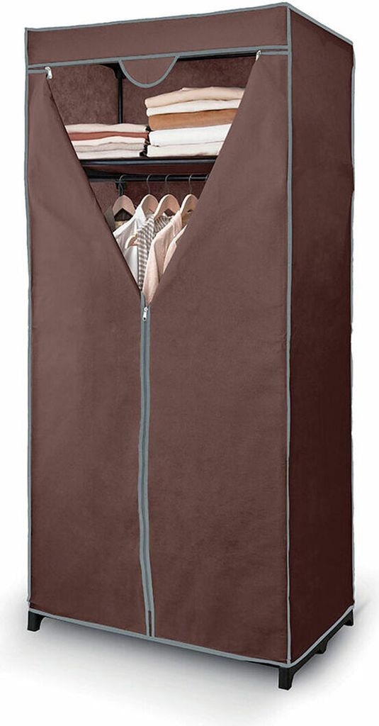 A brown fabric wardrobe with its doors partially open, revealing clothes hanging on a rack and folded clothes on a shelf.