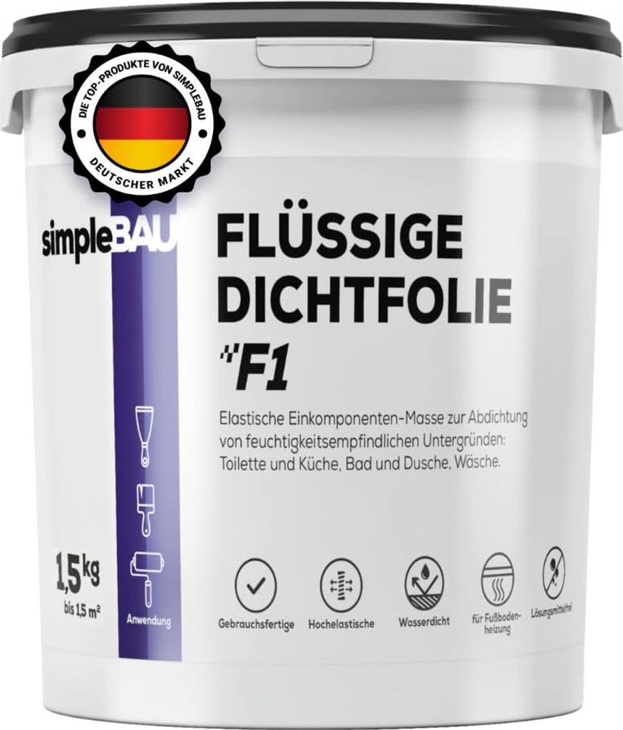 SimpleBau Dichtmasse Wasserdicht F1 , Abdichtmasse für Dusche & Bad , Flüssigfolie für Fliesen & Fußbodenheizung 1.5 kg