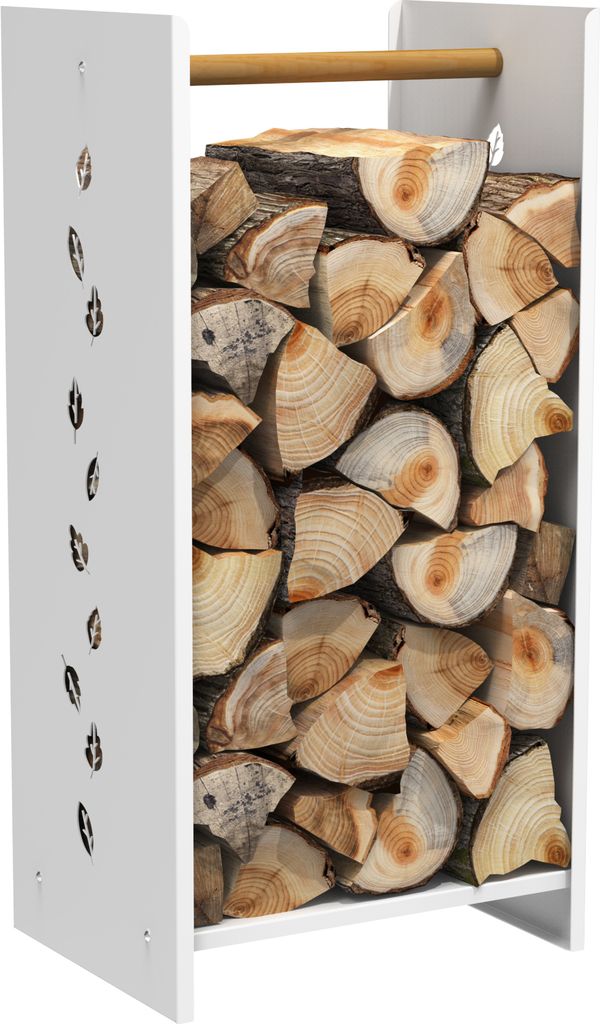 Kaminholzregal Innen Außen Brennholzregal Metall Freistehend Blätter Motiv, Modell:Weiß Blätter