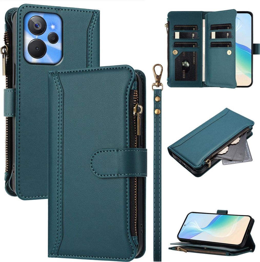 Handyhülle für Realme 10T/Realme V20 Reißverschluss Geldbörse Kunstleder Klapphülle mit Kartensteckplatz, Ständer, Handschlaufe Grün