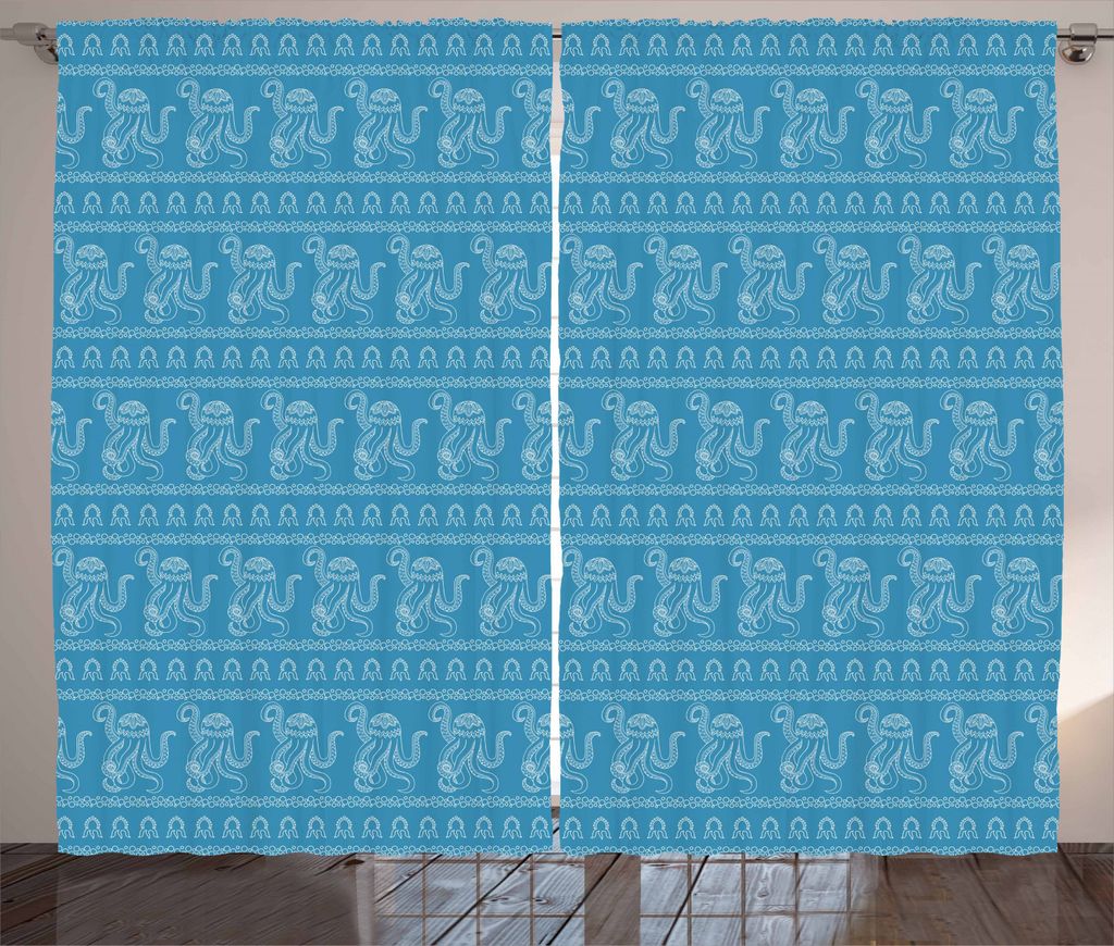ABAKUHAUS Tintenfisch Rustikaler Gardine, zentangle Tier, Schlafzimmer Kräuselband Vorhang mit Schlaufen und Haken, 280 x 245 cm, Hellblau und Weiß