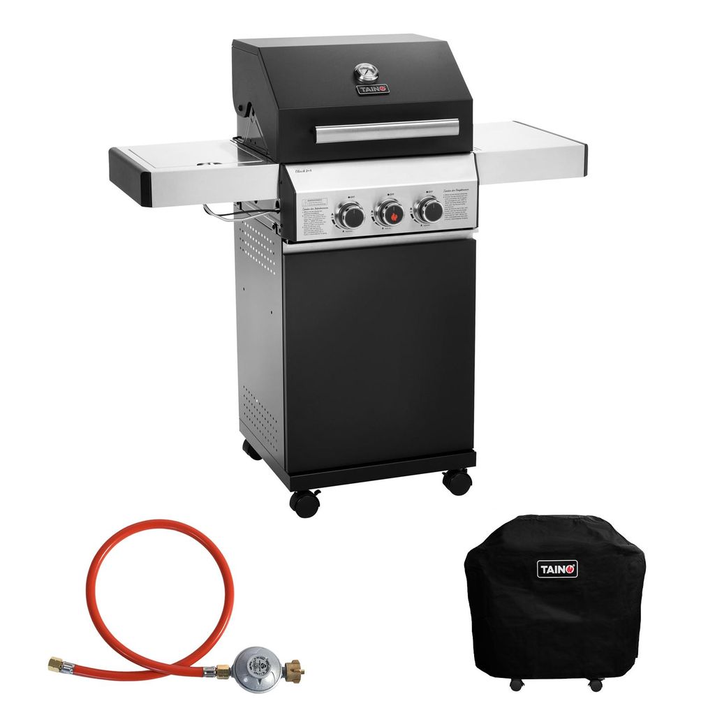 TAINO BLACK 2+1 Gasgrill-Set Haube Regler Gasgrill mit Seitenbrenner Gusseisen-Rost Gasgrill 2 Brenner Standgrill Matt Schwarz