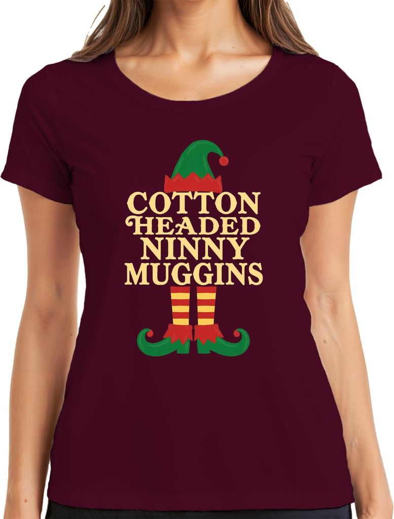 Baumwolle HEADED NINNY MUGGINS Weihnachten Elf Lustig Geschenk Witz Damen T-Shirt, Burgundy, M