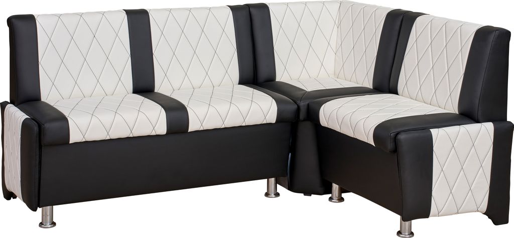 Eckbank Polin, Sitzbank schwarz-weiß, Kunstleder, Stauraum, Truhenbank 174x125 cm