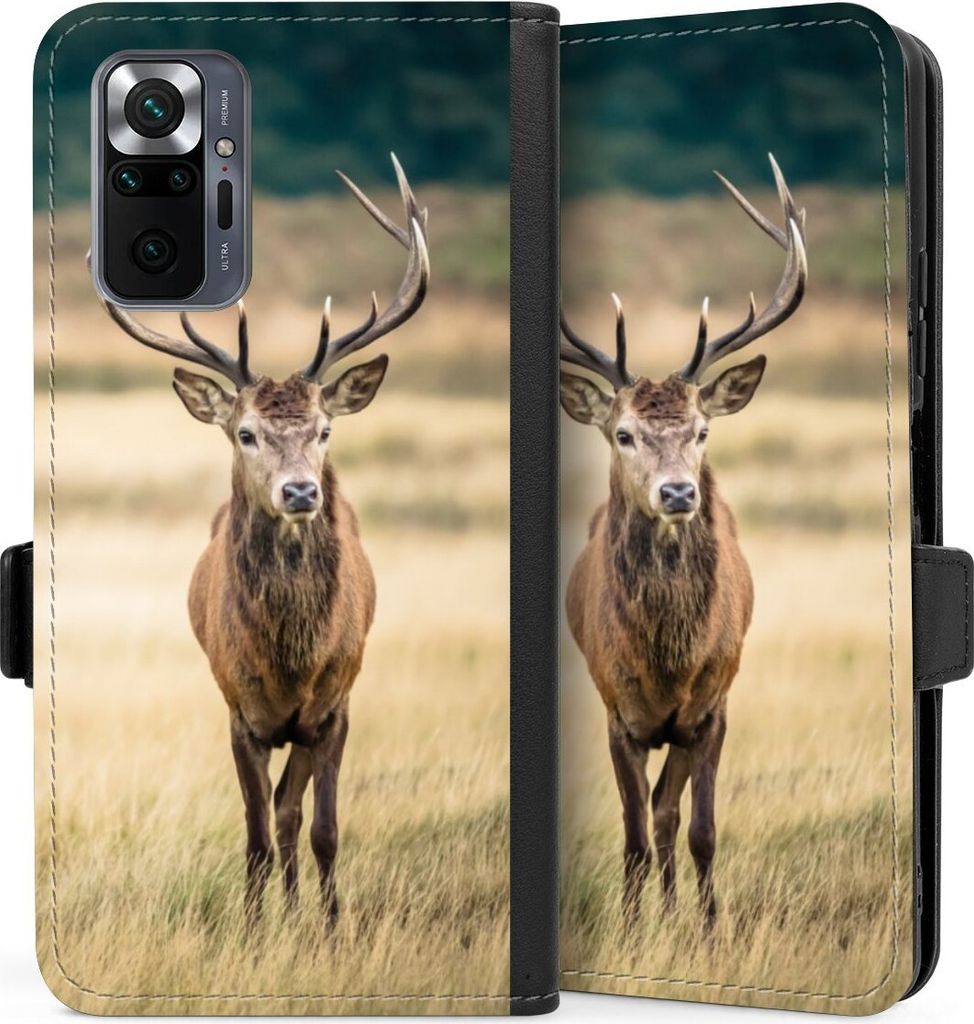 DeinDesign Klapphülle für Xiaomi Redmi Note 10 Pro Handytasche Lederhülle Tasche Hirsch Wald Wiese