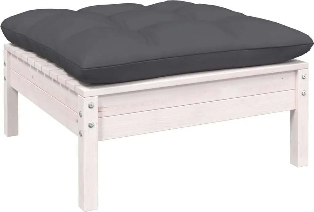 Sgabello Giardino Legno Pino Massiccio Bianco con Cuscino Antracite
