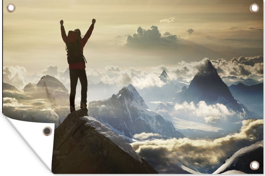 MuchoWow 120x80 cm Outdoor-Poster Gartendeko Sichtschutz Garten Poster für den Garten Mountaineer hat die Spitze erreicht