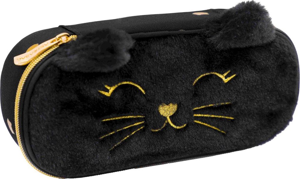 A black fluffy pencil case shaped like a cat's face with gold embroidered features and ears.