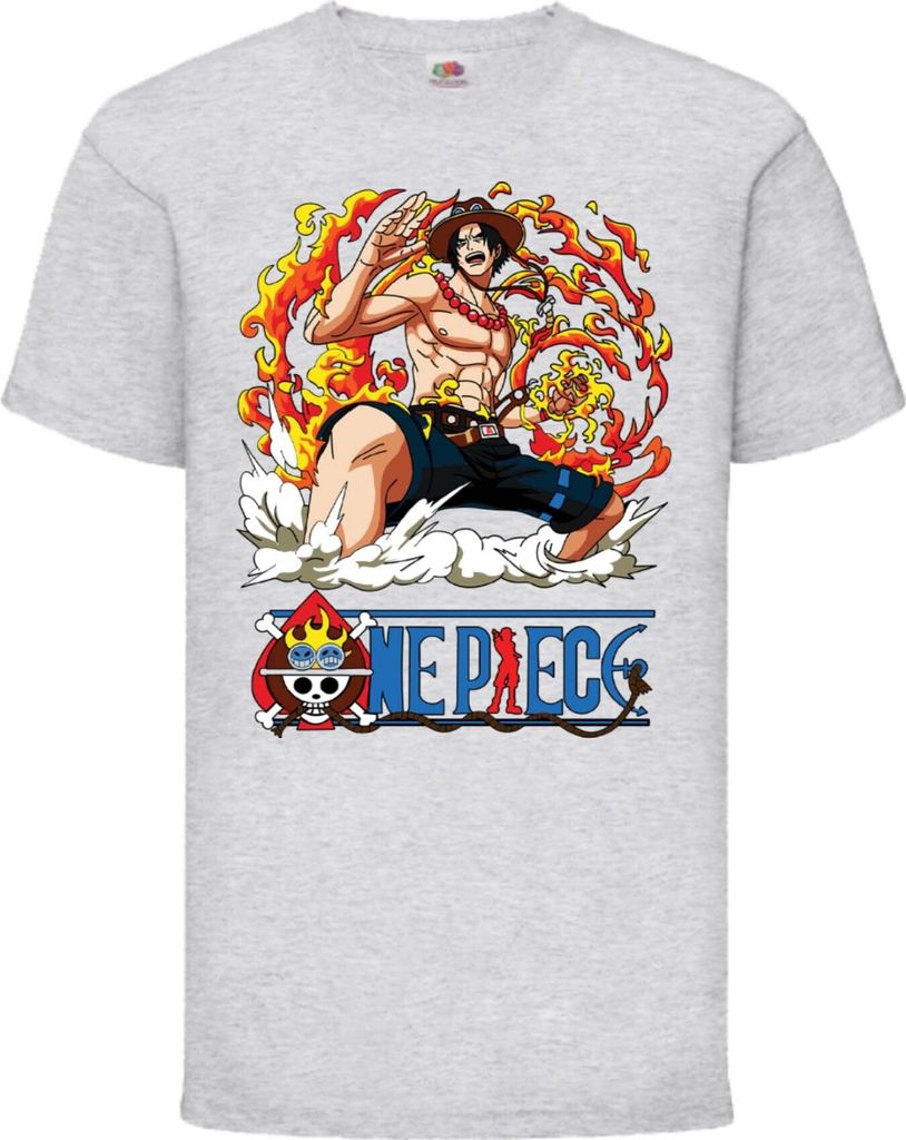 Kinder T-Shirt One Manga Piece Anime 09 Portgas Ace, 5-6 Jahr - 116 / Grau