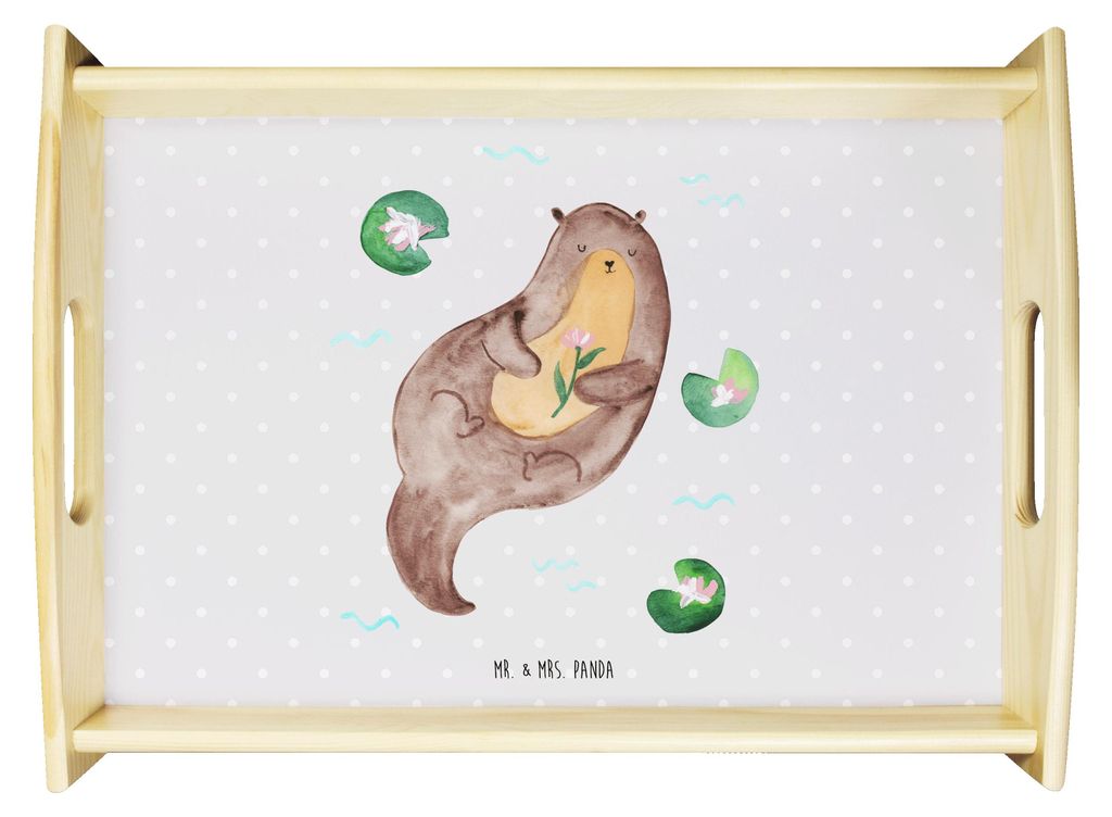 Mr. & Mrs. Panda Tablett Otter Seerose - Grau Pastell - Geschenk, Seeotter, Fluss, Holztablett, glücklich, Deko, aus holz, Wasser, serviertablett,...