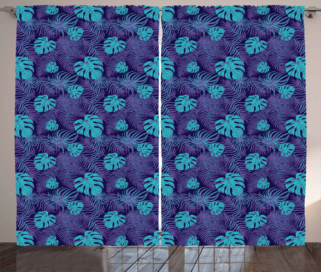ABAKUHAUS Tenda tropicale rustica, petalo di fiore Dark Night, tende universali per soggiorno con passanti e ganci, 280 x 175 cm, viola e acquamarina - 1
