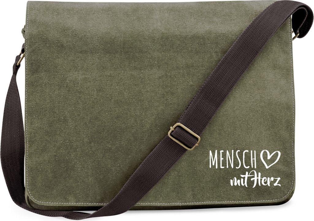 Huuraa Umhängetasche Mensch mit Herz 14 Liter Military Green Canvas Laptoptasche Geschenkidee