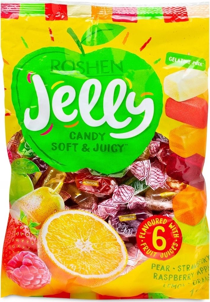 A bag of Roshen Jelly candies with fruit illustrations.
