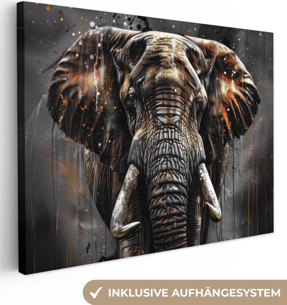 MuchoWow - Leinwandbilder - Elefant - Aquarell - Wildtiere - Luxus, Wandbild, Wanddeko Bilder Wohnzimmer, 120x90 cm