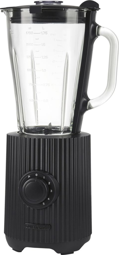 A black stand mixer with a glass pitcher is shown against a white background.