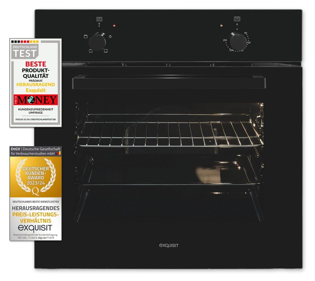 A black built-in oven is shown from the front, with several awards and certifications displayed on the left side.