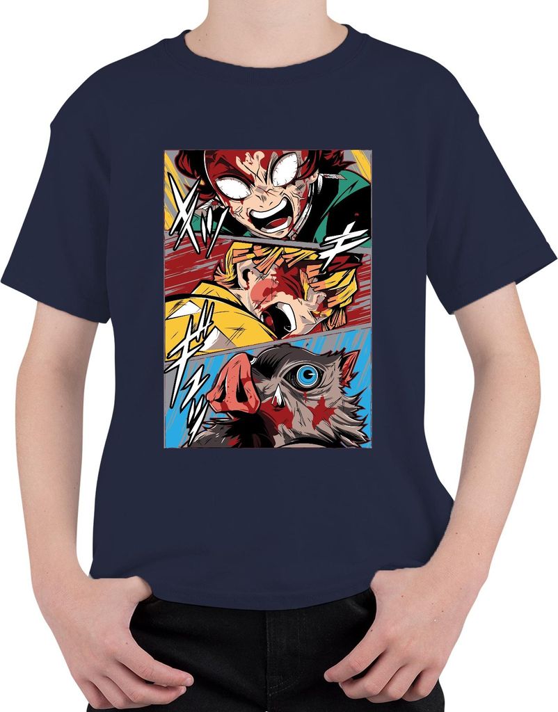 Manga Dämonenjäger Action Blut Anime Panel Geschenk Grunge Uni Kinder T-Shirt, Navy, 104
