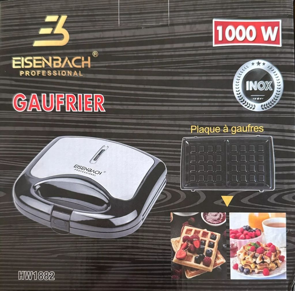 The image is a product shot of a waffle maker on its packaging, with additional marketing images of waffles.