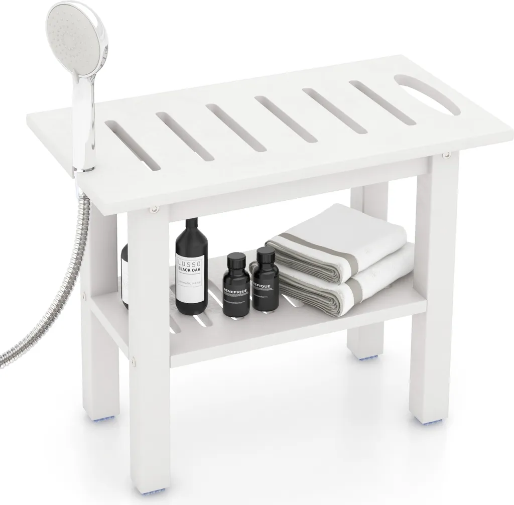 Siège de Douche Robuste 150kg en HDPE Blanc avec Tablette de Stockage