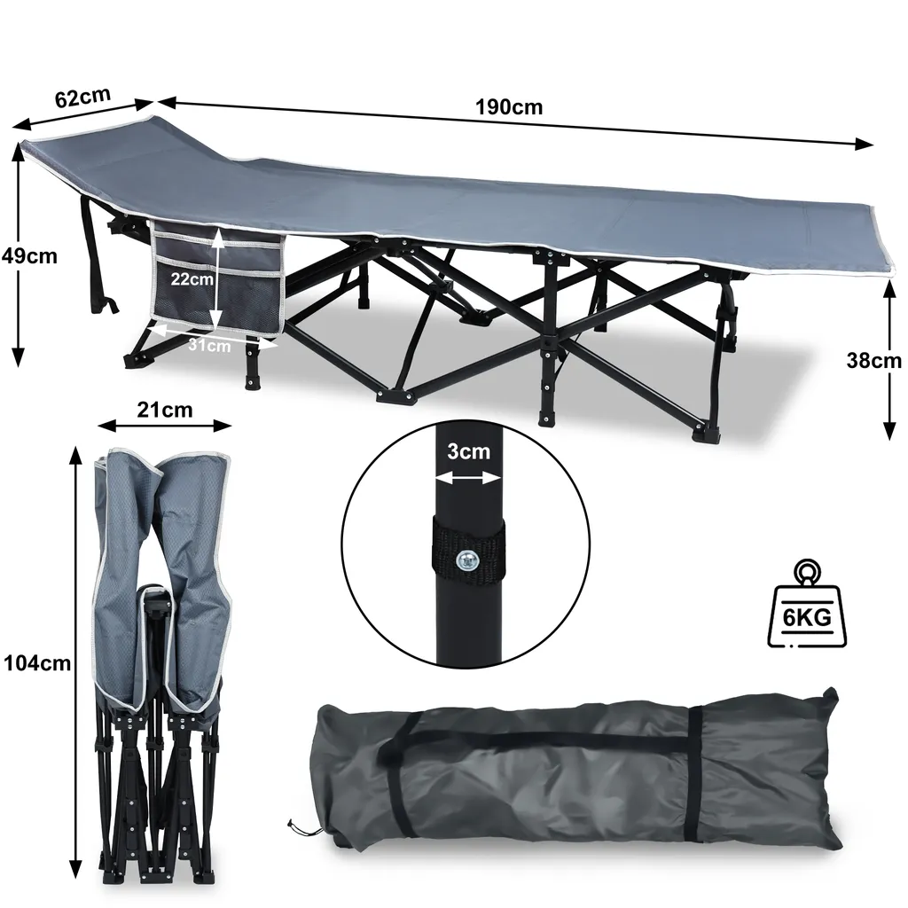 Lit de Camping pour Plage et Jardin - Lit de Camp Pliant Gris Pratique