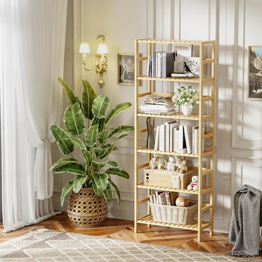 Bibliothèque Bambou Naturel Réglable - Meuble 6 Niveaux Robuste et Design